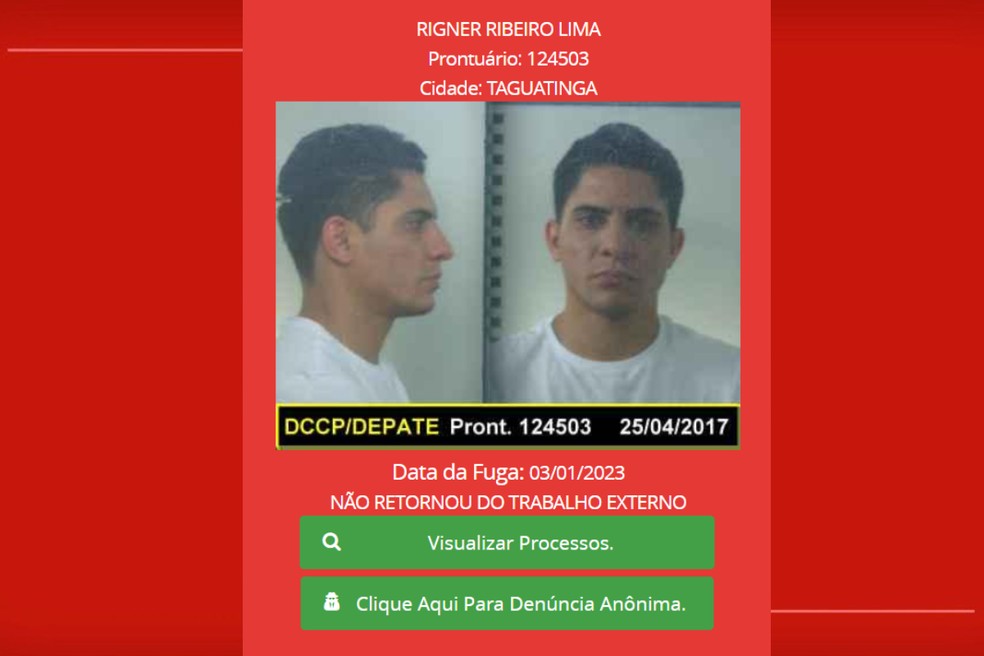 Rigner Ribeiro Lima fugiu já em janeiro de 2023 — Foto: Seape-DF/Reprodução