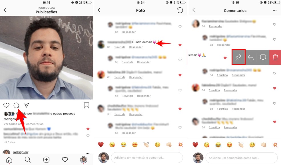 Instagram permite fixar até três comentários nas publicações — Foto: Reprodução/Rodrigo Fernandes