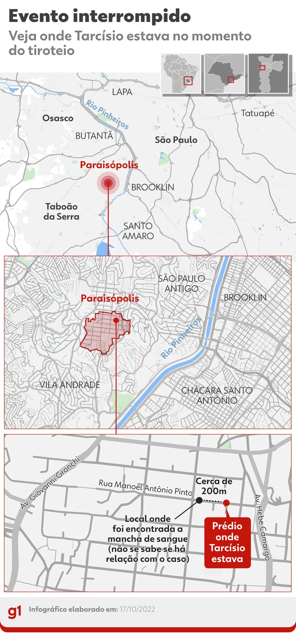 Mapa de Paraisópolis, onde ocorreu tiroteio durante agenda do candidato Tarcísio de Freitas — Foto: Arte: g1