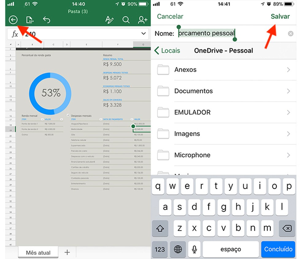 Opção para salvar uma planilha de gastos criada no aplicativo Microsoft Excel (Foto: Reprodução/Marvin Costa)