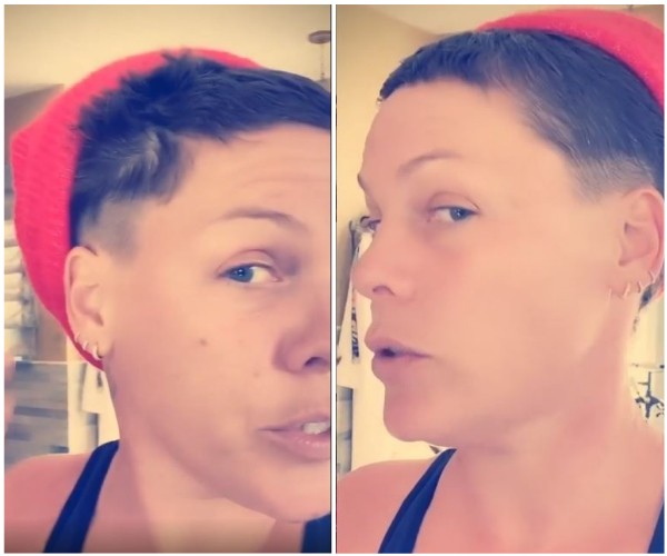 A cantora Pink mostrando que cortou o próprio cabelo durante quarentena (Foto: Instagram)