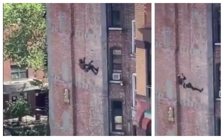 O indivíduo fantasiado como o Homem-Aranha balançando em um prédio de Nova York (Foto: Twitter)