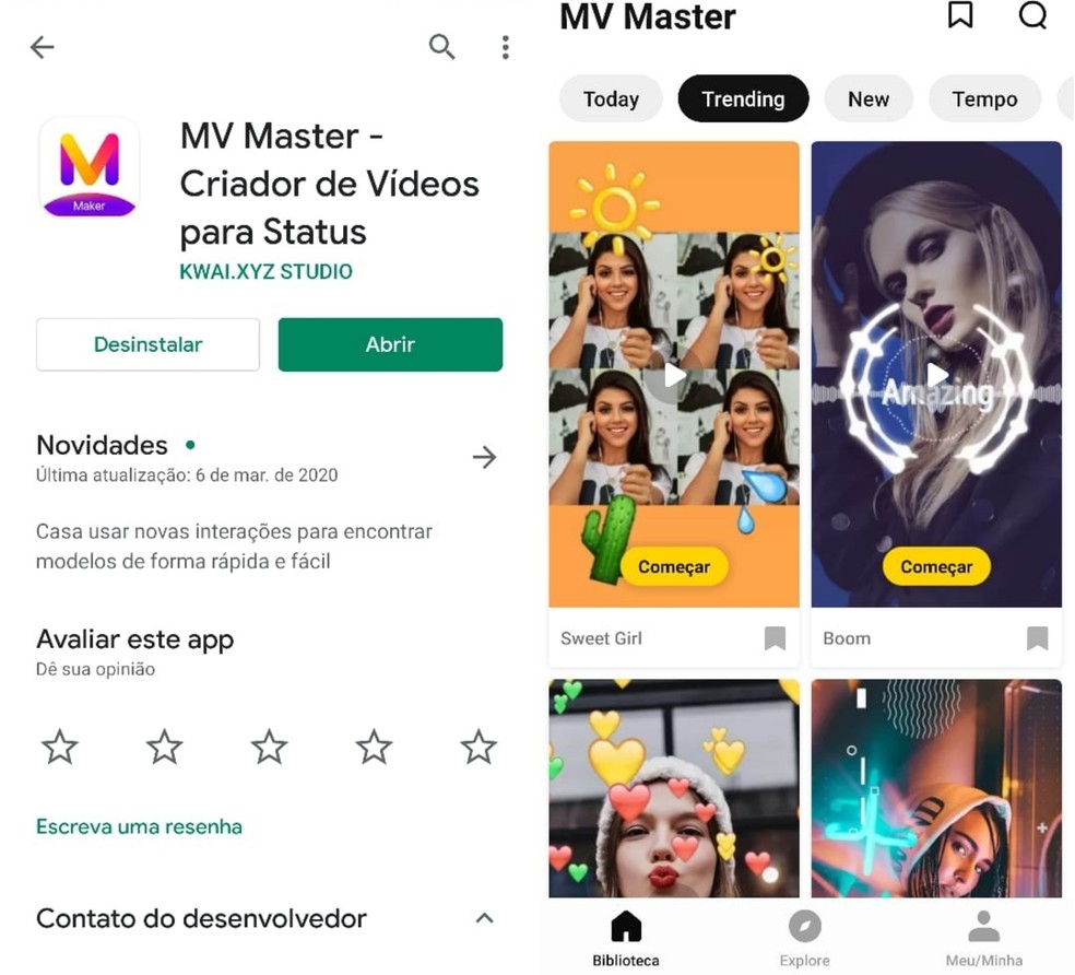 MV Master é um editor de vídeos para status — Foto: Reprodução/Clara Fabro