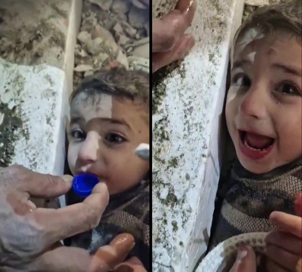 Equipes de resgate oferecem água em tampa de garrafa para garoto sírio preso em escombros do terremoto na Turquia — Foto: Governo de Istambul/Divulgação via Reuters