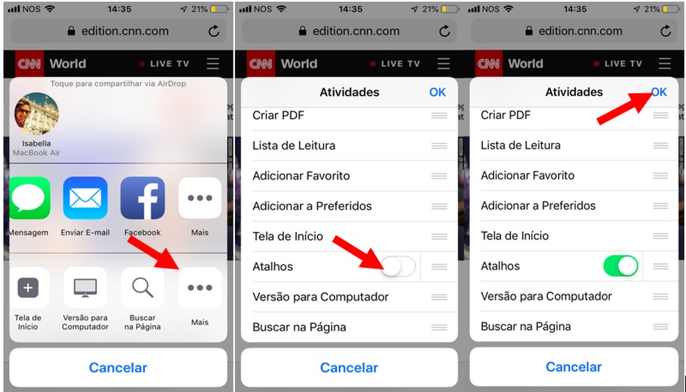 Botão de compartilhamento serve como meio de acesso ao app Atalhos — Foto: Reprodução/ Isabella Rocha  