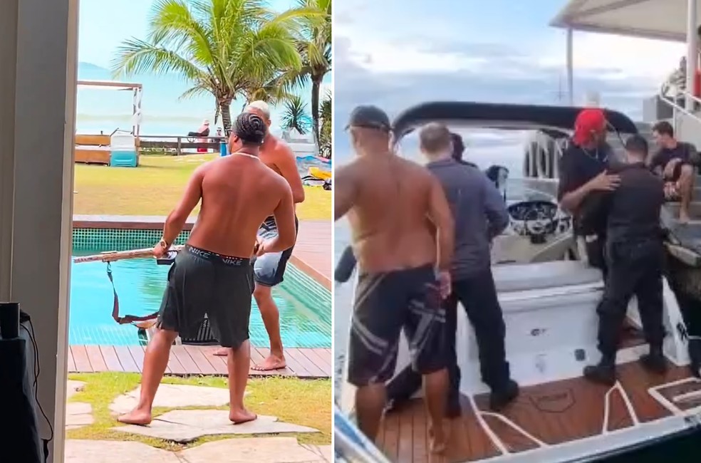 Vídeo postado no Instagram do rapper Orochi mostra homem dançando com arma; Artista foi localizado posteriormente em uma lancha — Foto: Imagens cedidas pela Polícia Civil