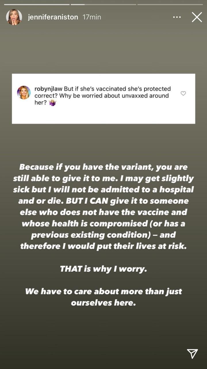 Jennifer Aniston rebate crítica por decisão sovre antivacina (Foto: Reprodução/Instagram)