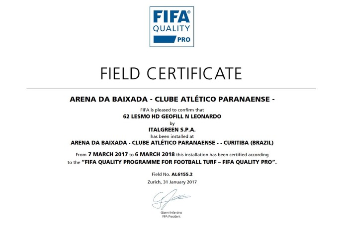 Certificado grama artificial Atlético-PR Arena da Baixada (Foto: Reprodução)