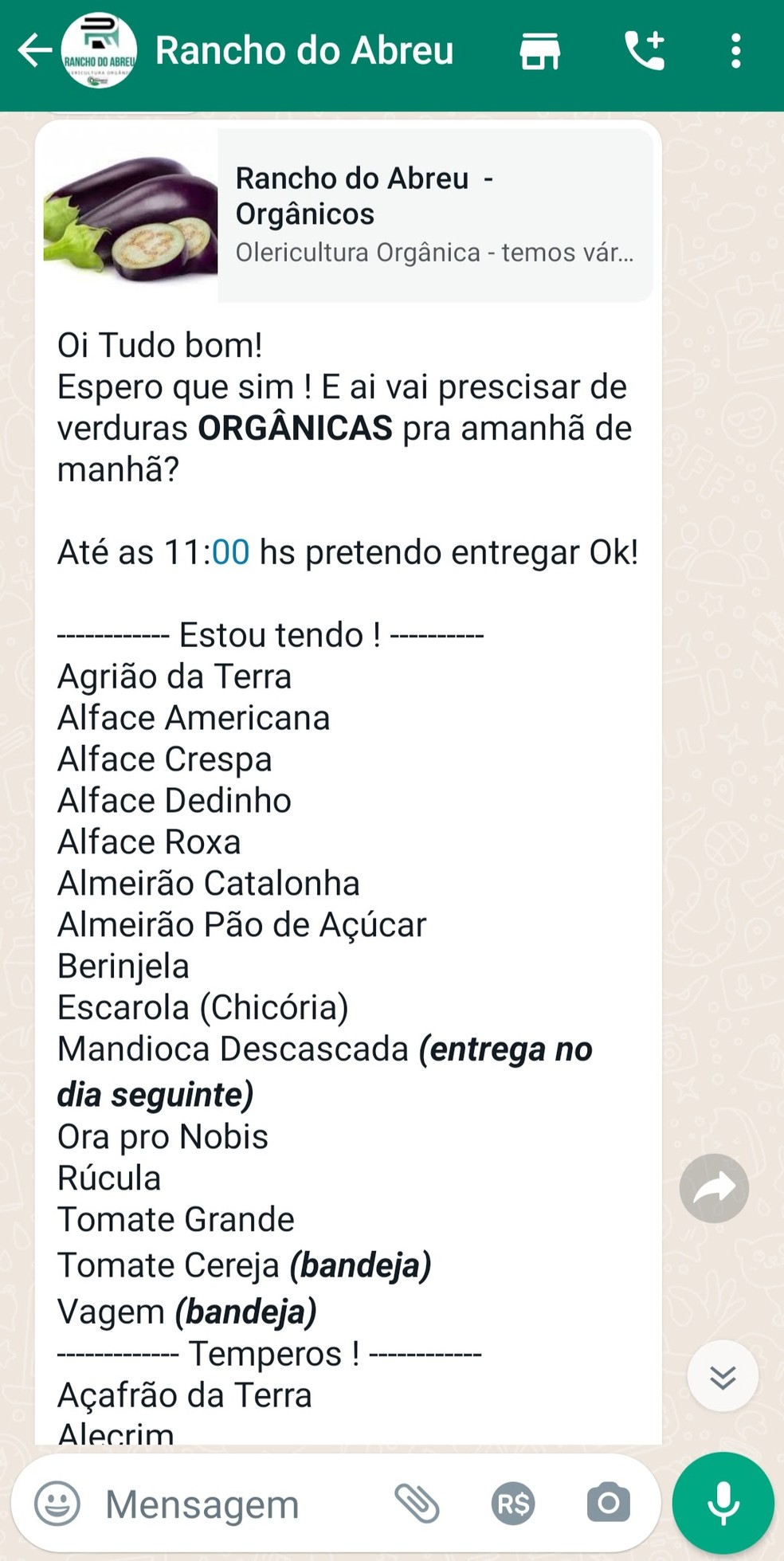 Exemplo de uma mensagem enviada por lista de transmissão para os clientes do produtor rural Davi Rocha — Foto: Reprodução WhatsApp