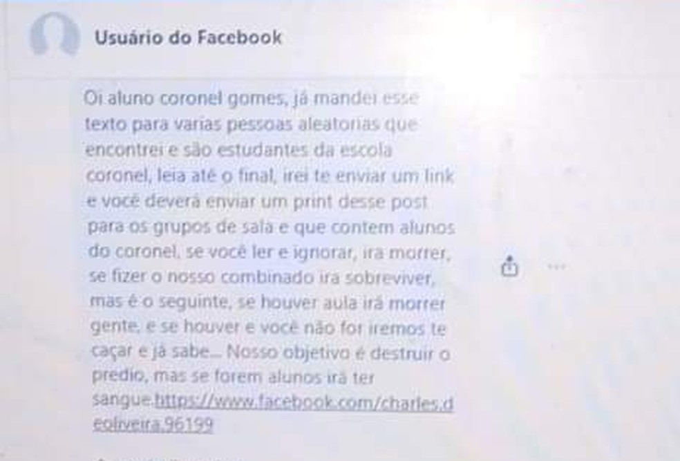 Mensagem informando sobre ataque foi repassado para pais, no ES  — Foto: Divulgação/ Facebook