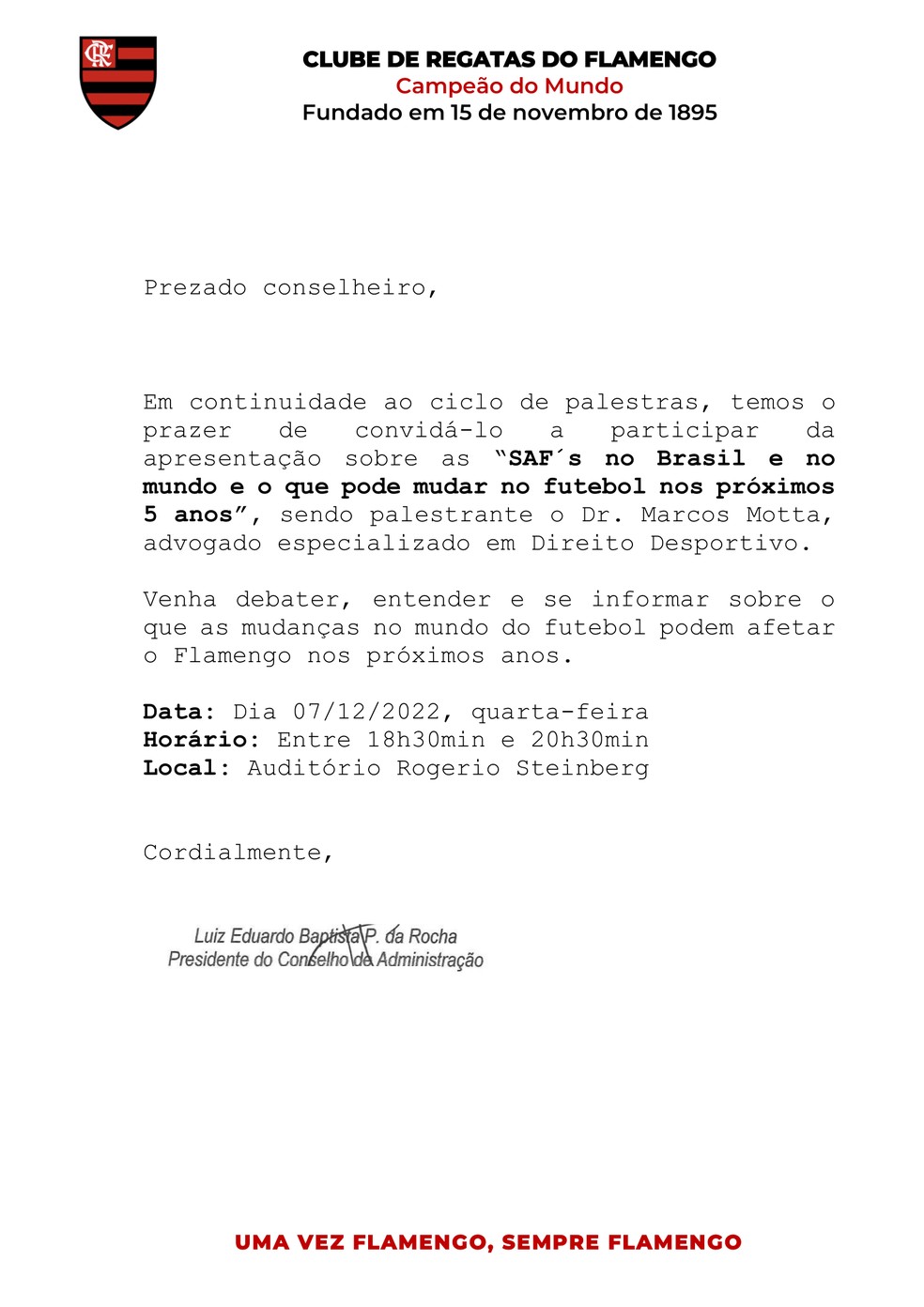 Confira a convoca&ccedil;&atilde;o aos conselheiros do Flamengo &mdash; Foto: Reprodu&ccedil;&atilde;o