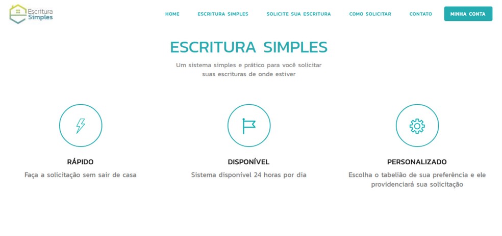Página inicial do site 'Escritura Simples', que agiliza transferência de imóveis de DF, SP e RJ (Foto: Reprodução)