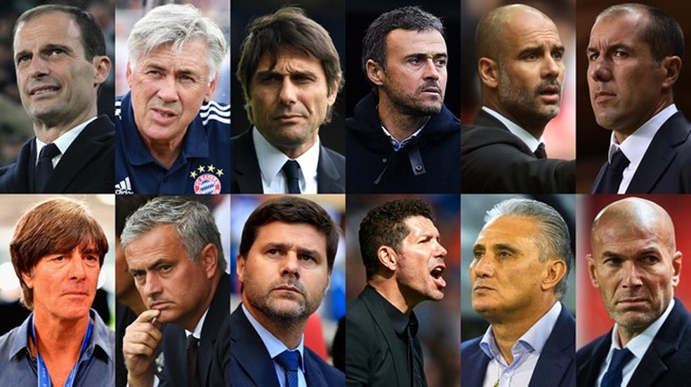 Allegri, Ancelotti, Conte, Luis Enrique, Guardiola, Jardim, Low, Mourinho, Pochettino, Simeone, Tite e Zidane: os 12 técnicos finalistas (Foto: Divulgação / Fifa)