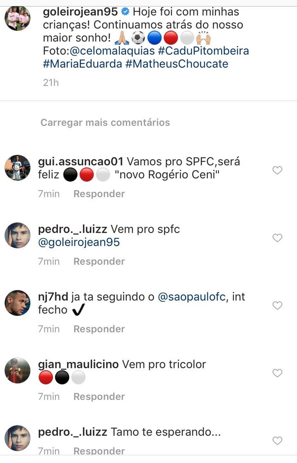 Torcedores do São Paulo comentam no instagram de Jean, goleiro do Bahia (Foto: Reprodução)