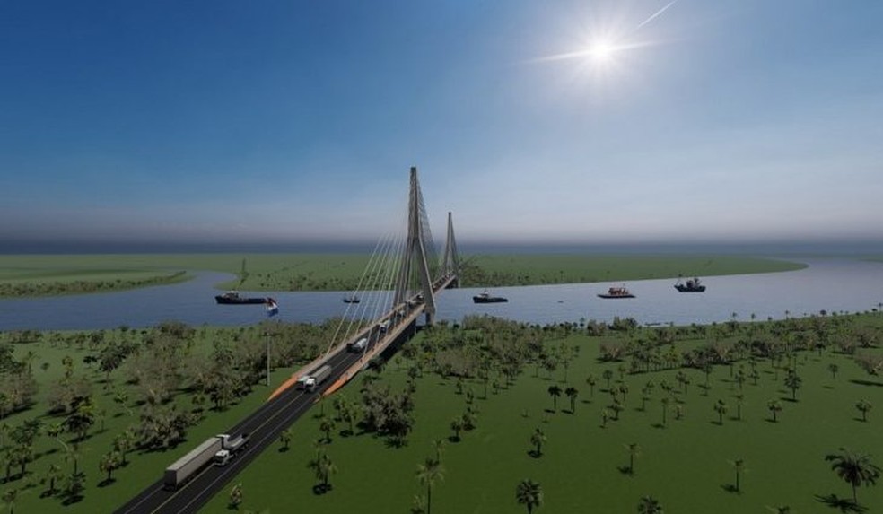 Projeto da nova ponte sobre o rio Paraguai, ligando Porto Murtinho, no Brasil, a Carmelo Peralta, no Paraguai. — Foto: Subcom/Divulgação