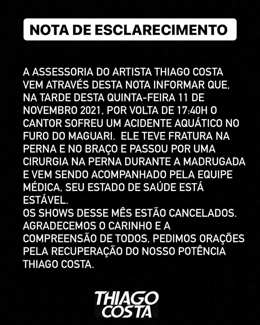 Assessoria de imprensa emite nota de esclarecimento sobre saúde de Thiago Costa (Foto: Reprodução / Instagram)