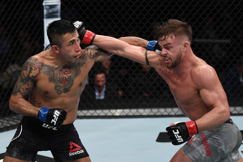 Alejandro Perez (esq.) e Cody Stamann (dir.) trocam golpes na parelha luta pelo card preliminar â?? Foto: Jeff Bottari/Getty Images