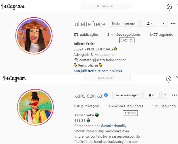 Juliette chega aos 2 milhões e ultrapassa com folga seguidores de Karol Conká  (Foto: Reprodução/Instagram)