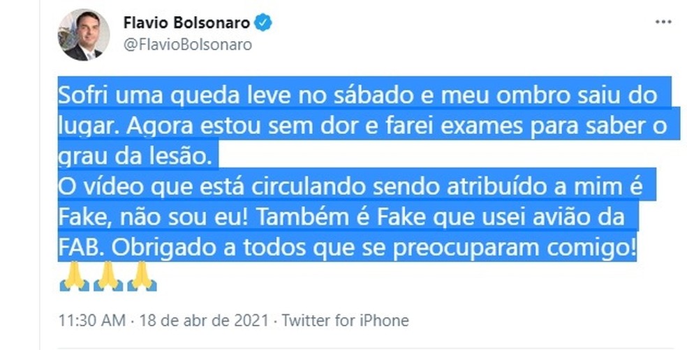 Flávio Bolsonaro comentou neste domingo (18) acidente em que deslocou o ombro — Foto: Reprodução/Twitter