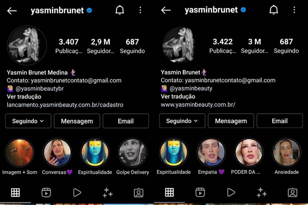 Yasmin Brunet antes e depois de tirar o Medina de seu sobrenome no Instagram (Foto: Reprodução/Instagram)