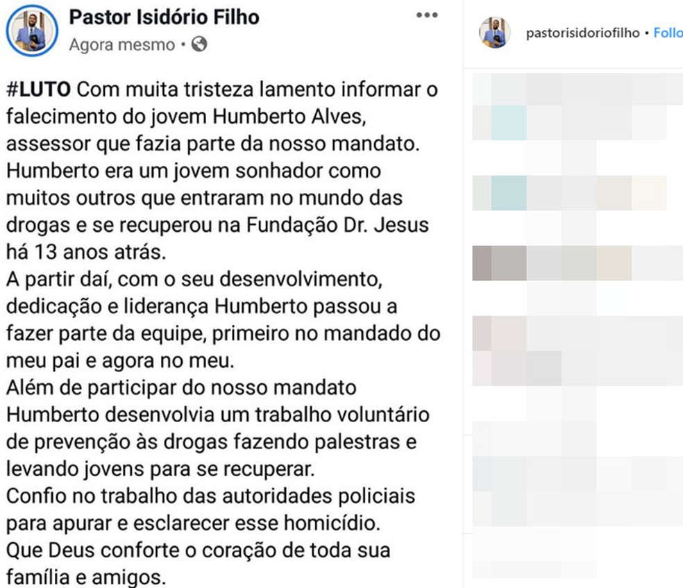 Pastor Isidório Filho lamentou morte de assessor através das redes sociais — Foto: Reprodução/Instagram