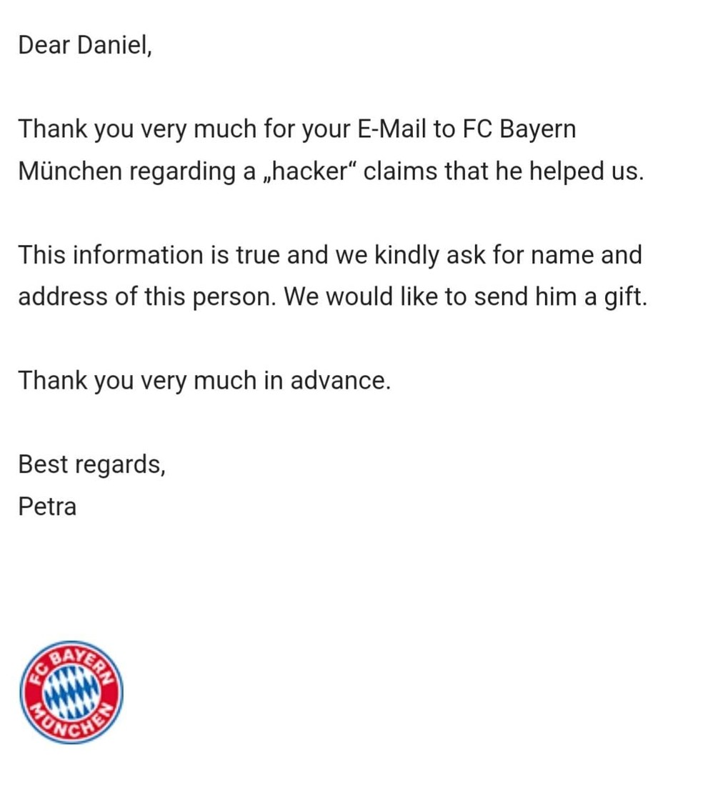 Resposta do Bayern ao relatório enviado — Foto: Arquivo Pessoal
