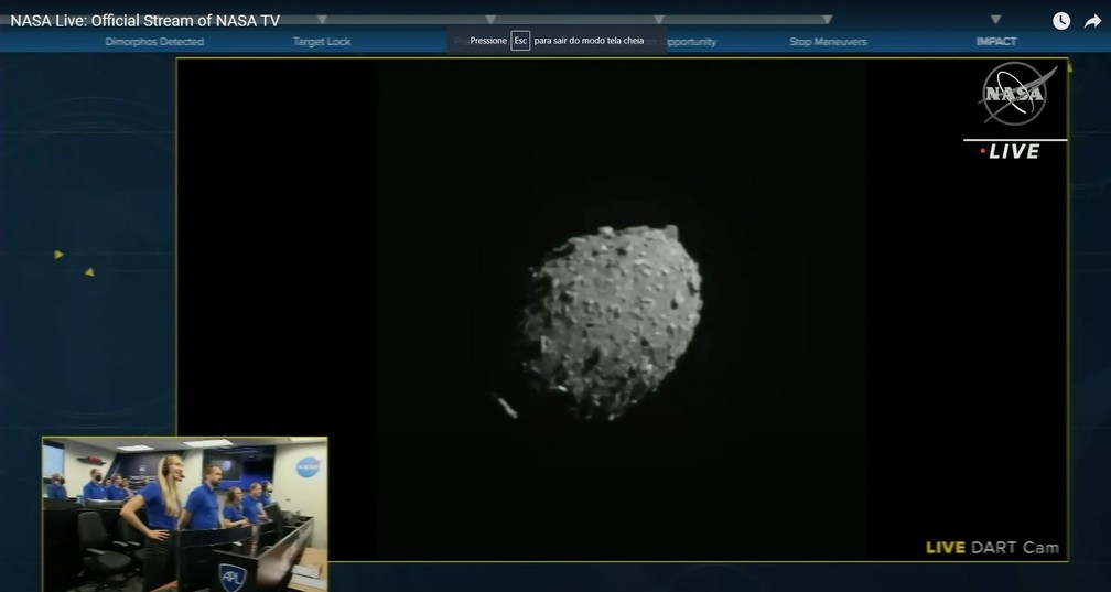 A agência espacial norte-americana fez uma transmissão ao vivo do momento em que a sonda colide com o asteroide — Foto: Nasa