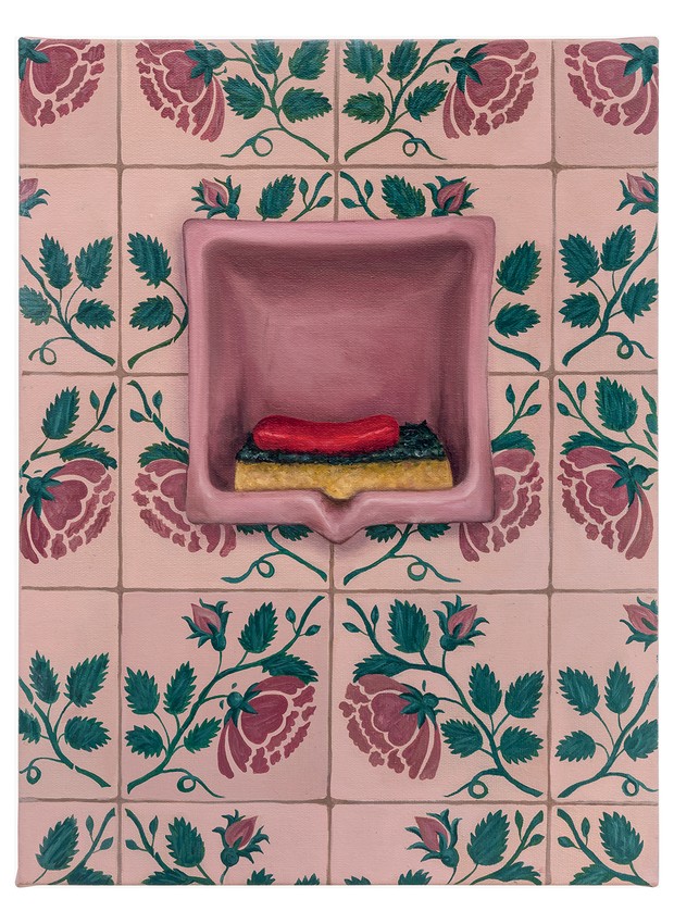 Saboneteira rosa, 2020.  Óleo sobre tela, 40 x 30 cm. Ana Elisa Egreja (@anaelisaegreja) é representada em São Paulo pela Galeria Leme (@galerialeme) (Foto: Divulgação)