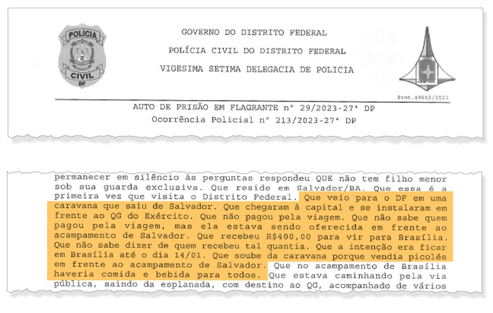 Parte do testemunho do vendedor sobre sua ida para Brasília — Foto: Reprodução
