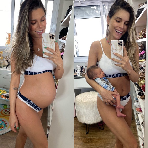Antes e depois: Flávia Viana na reta final da gravidez; com o filho, nascido em 16 de setembro, nos braços (Foto: Reprodução/Instagram)