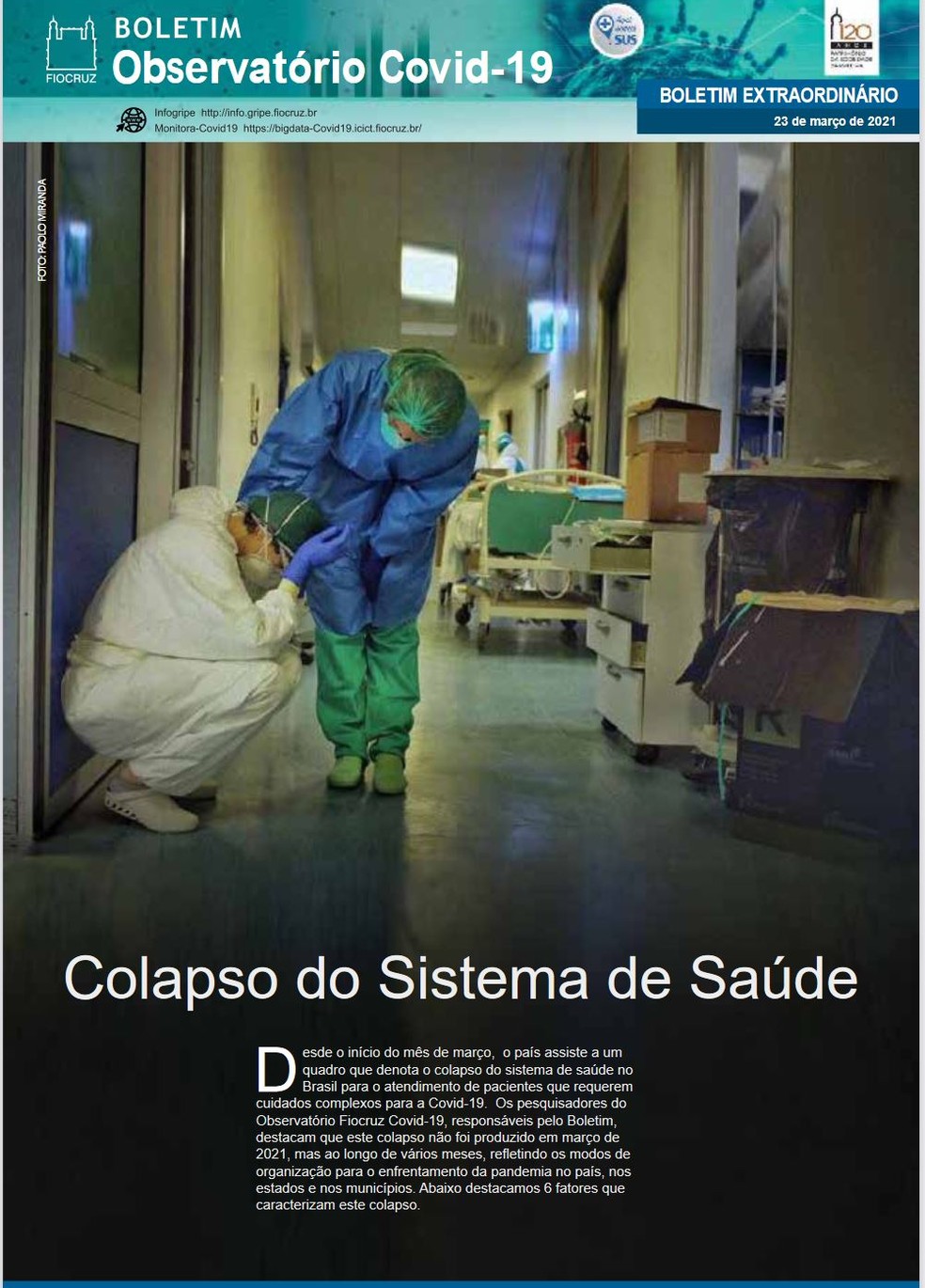 Boletim da Fiocruz que pede restrição de atividades por 14 dias tem como destaque o "colapso do sistema de saúde" — Foto: Reprodução