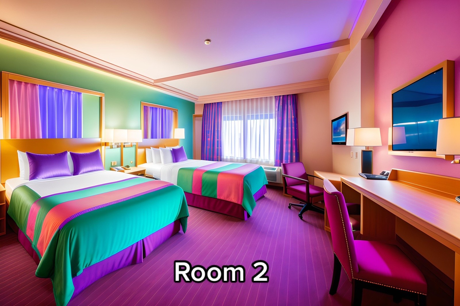 Quarto família básico com uma cama de casal e outra de solteiro do resort inspirado em Hannah Montana — Foto: aipresence / TikTok / Reprodução