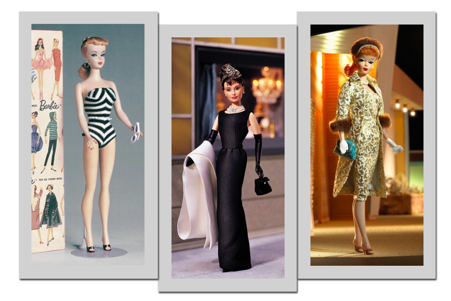 Da esquerda para a direita: a primeira Barbie, de 1959; a versão Audrey Hepburn; e uma versão usando look de noite, também de 1959 (Foto: Reprodução)