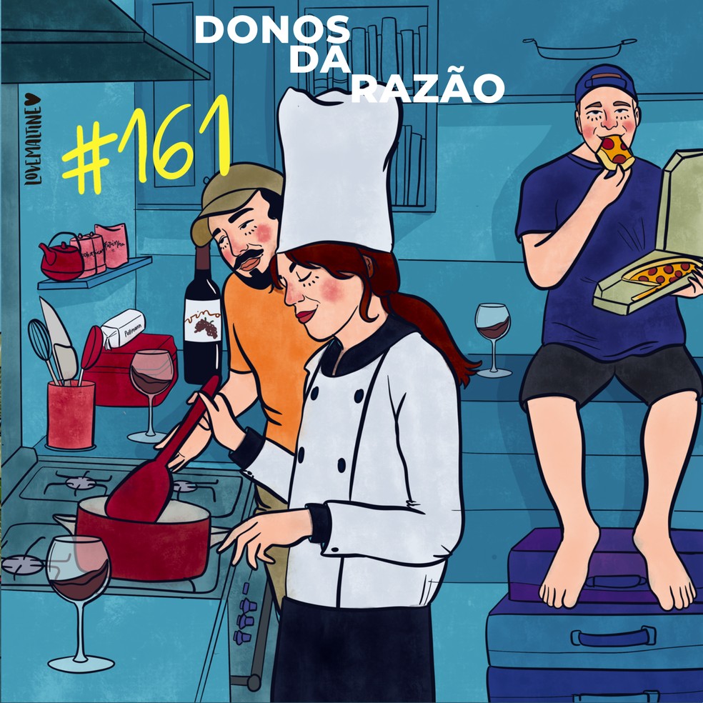 No podcast 'Donos da Razão', Foquinha e André Brandt conversam sobre suas habilidades culinárias — Foto: Divulgação