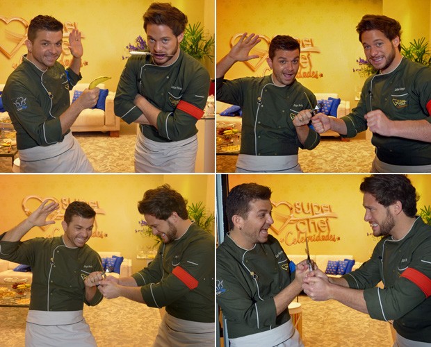 Amigos, Guga e Dalton brincam nos bastidores do Super Chef (Foto: Mais Você/TV Globo)