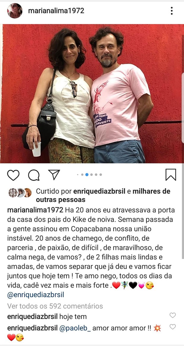Enrique Diaz comenta post de Mariana Lima (Foto: Reprodução)