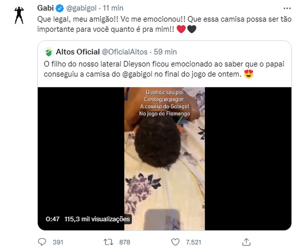Gabigol responde filho de lateral do Altos emocionado com a camisa  — Foto: Reprodução/Twitter