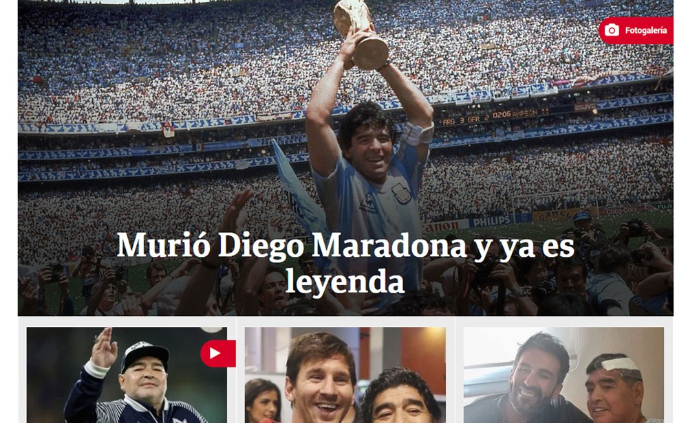 Edição online do jornal 'Clarín' de 25 de novembro, noticiando a morte de Diego Maradona — Foto: Reprodução/Clarin