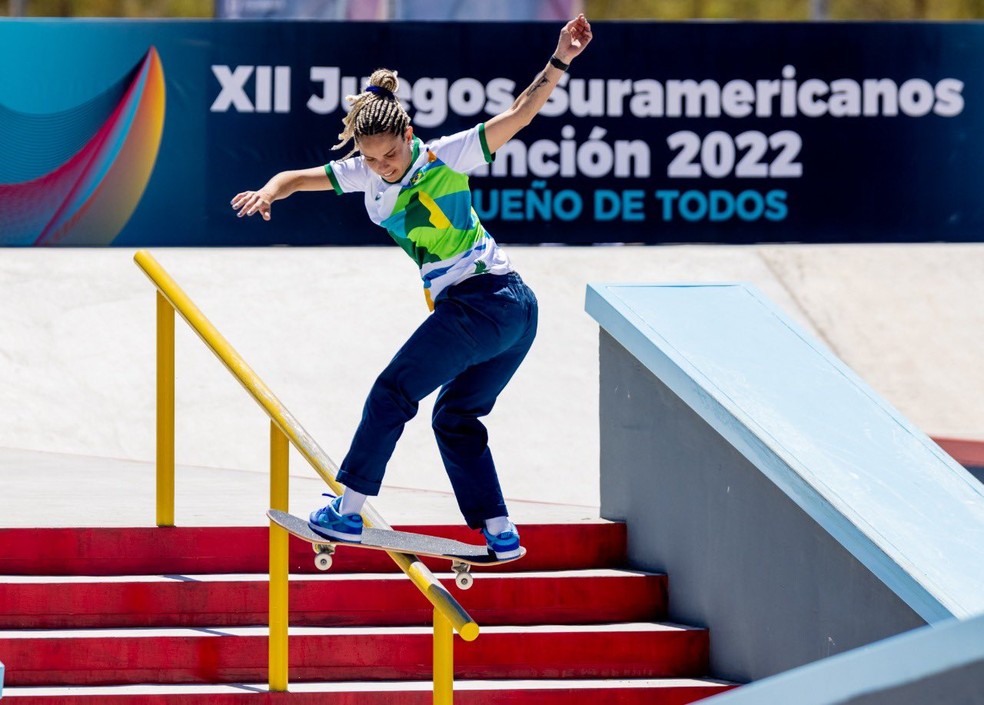 Gabi Mazetto na final do skate street nos Jogos Sul-Americanos em Assunção 2022 — Foto: Miriam Jeske/COB