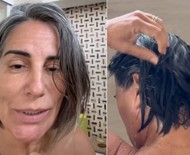 No banho, Gloria Pires mostra truques para cuidar dos cabelos brancos