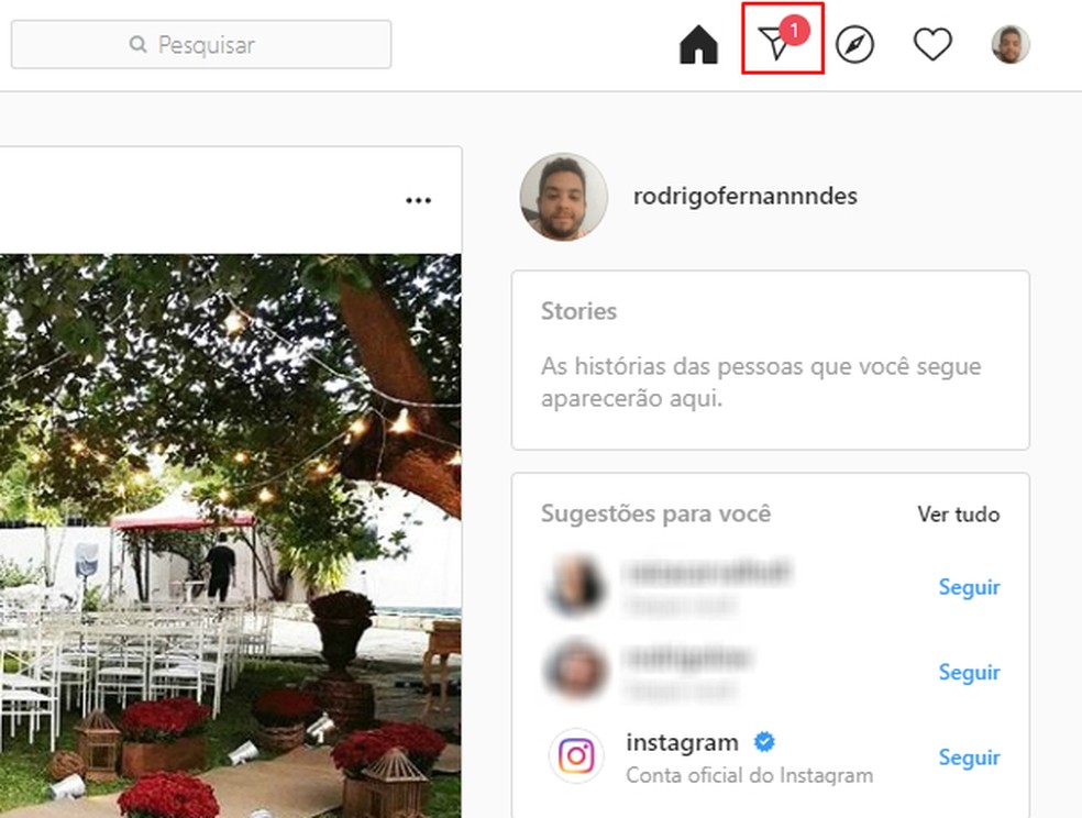 Instagram Web notifica usuário de novas mensagens recebidas — Foto: Reprodução/Rodrigo Fernandes