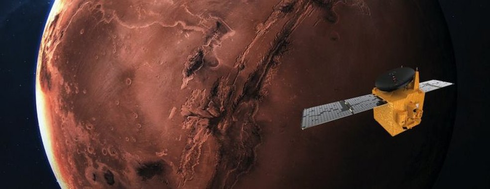 A Hope vai orbitar o planeta por pelo menos um ano marciano — ou seja, 687 dias — Foto: PA MEDIA