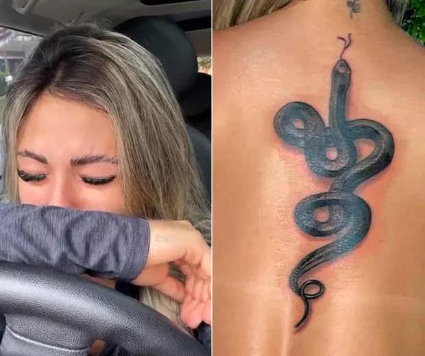 Nathalia Valente, influenciadora muito conhecida no Tik Tok, gravou um vídeo aos prantos após ver o resultado de uma tatuagem de serpente que fez em suas costas (Foto: Reprodução/ Instagram)