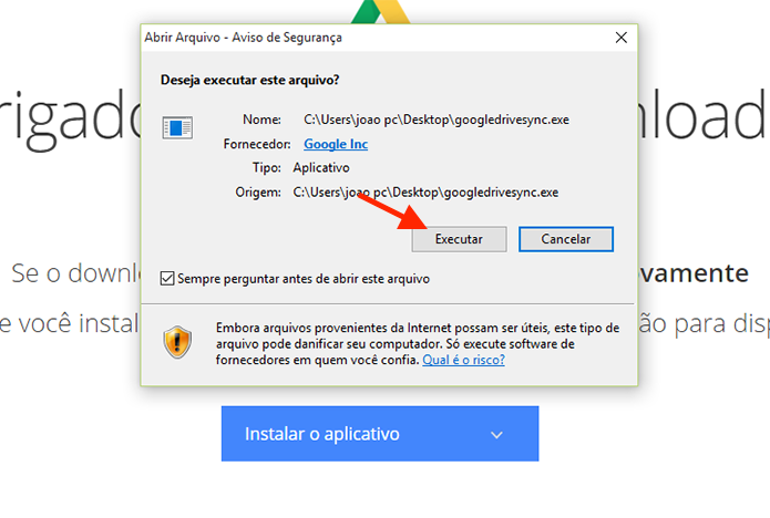 Iniciando a instalação do Google Drive no PC (Foto: Reprodução/Marvin Costa)