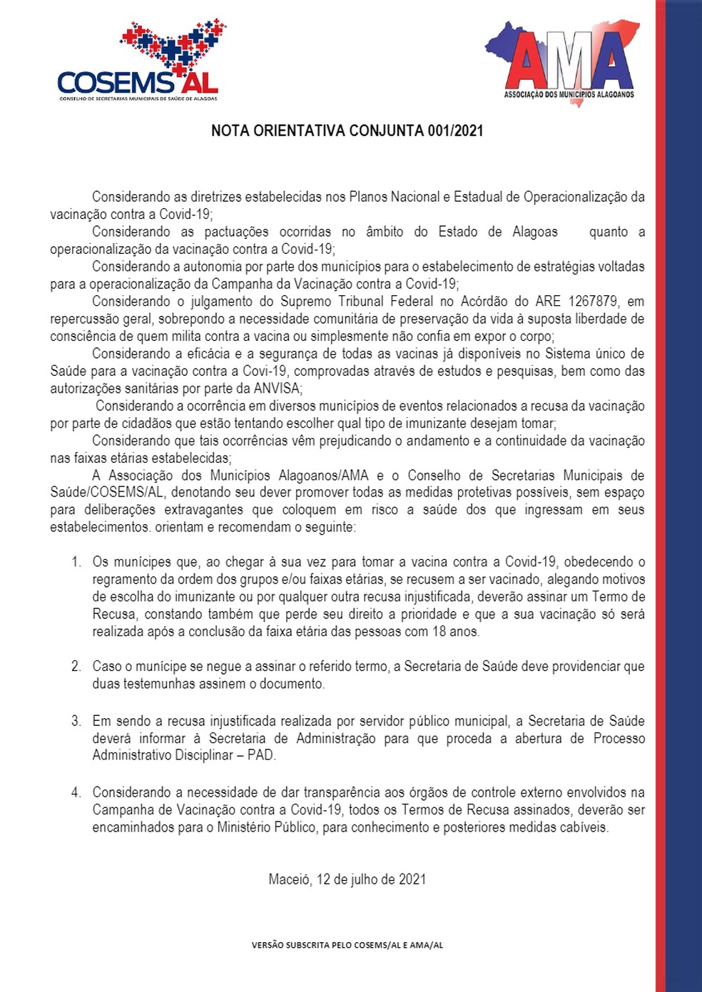 Nota conjunta sobre punições para quem recusar vacina da Covid-19 em Alagoas  — Foto: Divulgação/ AMA e Cosems/AL 