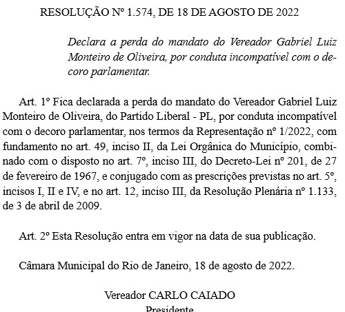 Cassação de Gabriel Monteiro é publicada no Diário Oficial da Câmara de Vereadores do Rio