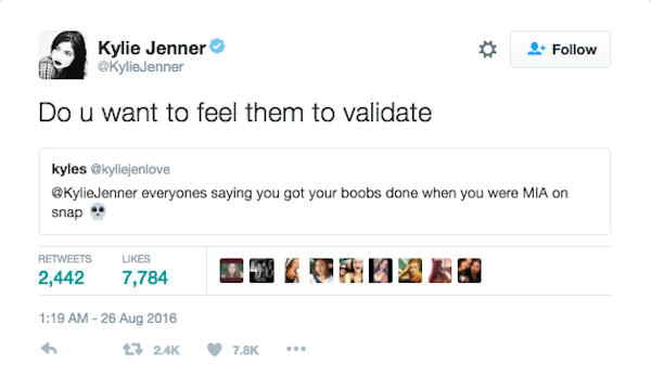 A troca de mensagens entre Kylie Jenner e seus seguidores (Foto: Twitter)