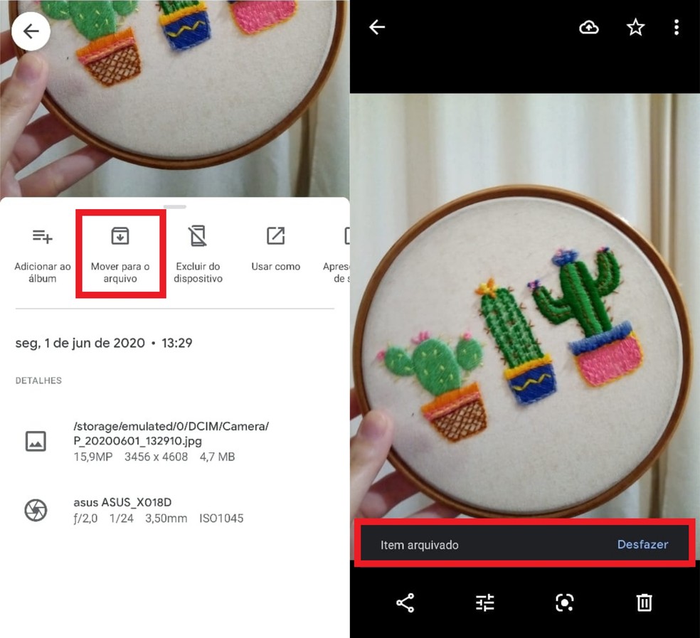 Toque sobre "Mover para o arquivo" para arquivar a imagem no Google Fotos — Foto: Reprodução/Clara Fabro