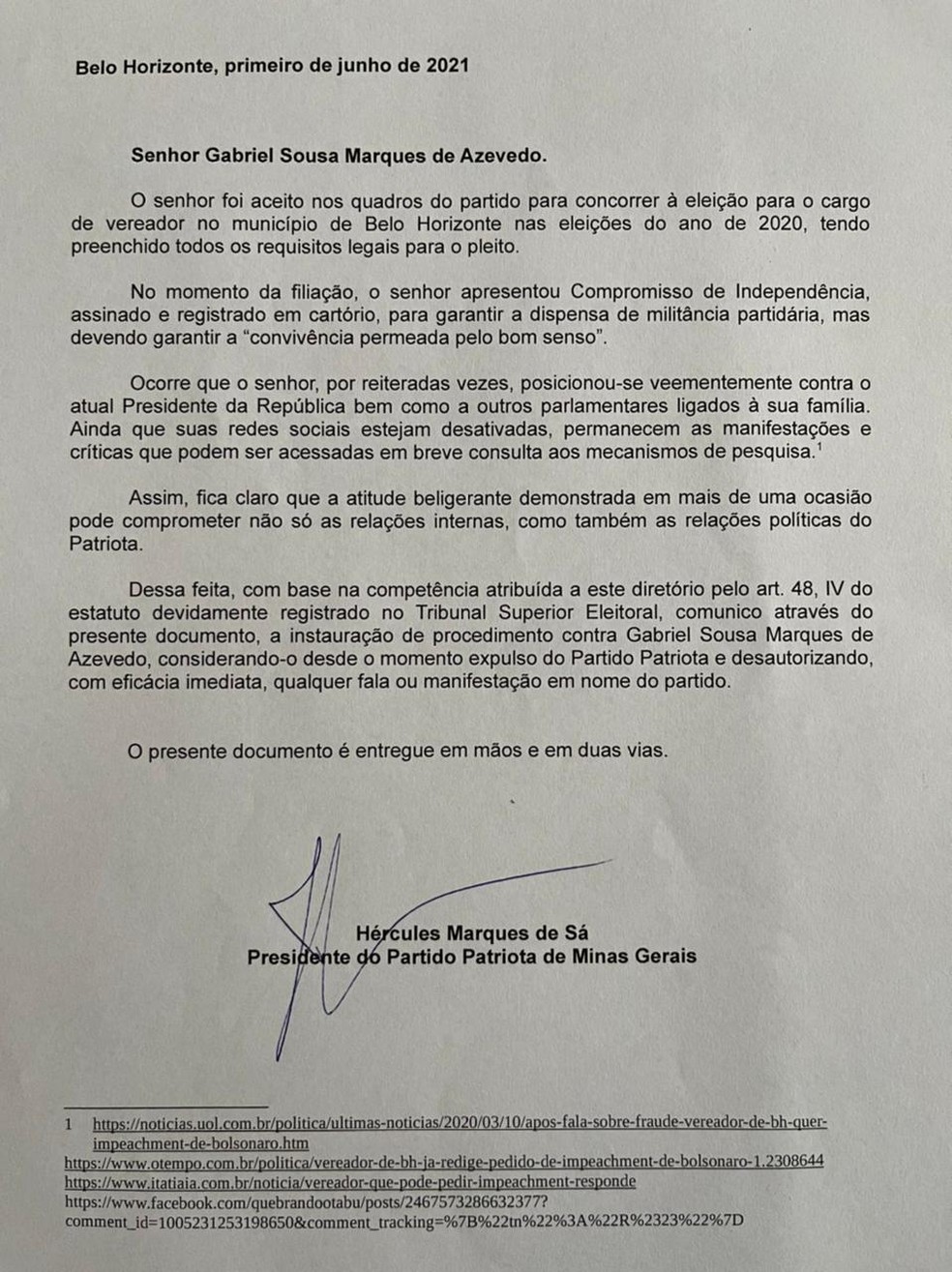 Carta justifica expulsão do vereador Gabriel do Patriota: 'posicionou-se veementemente contra o Presidente da República' — Foto: Reprodução/ Arquivo pessoal