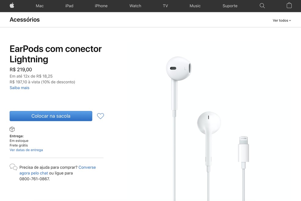 Fones de ouvido Apple também custam R$ 219 — Foto: Reprodução/Apple